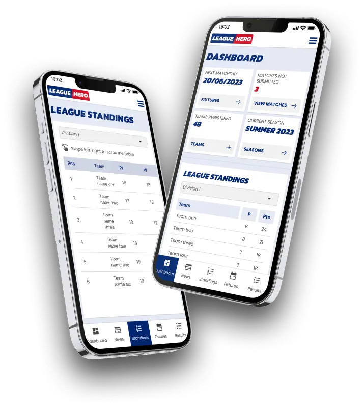 A mobile phone displaying the League Hero system showing the dashboard and league standings pages.