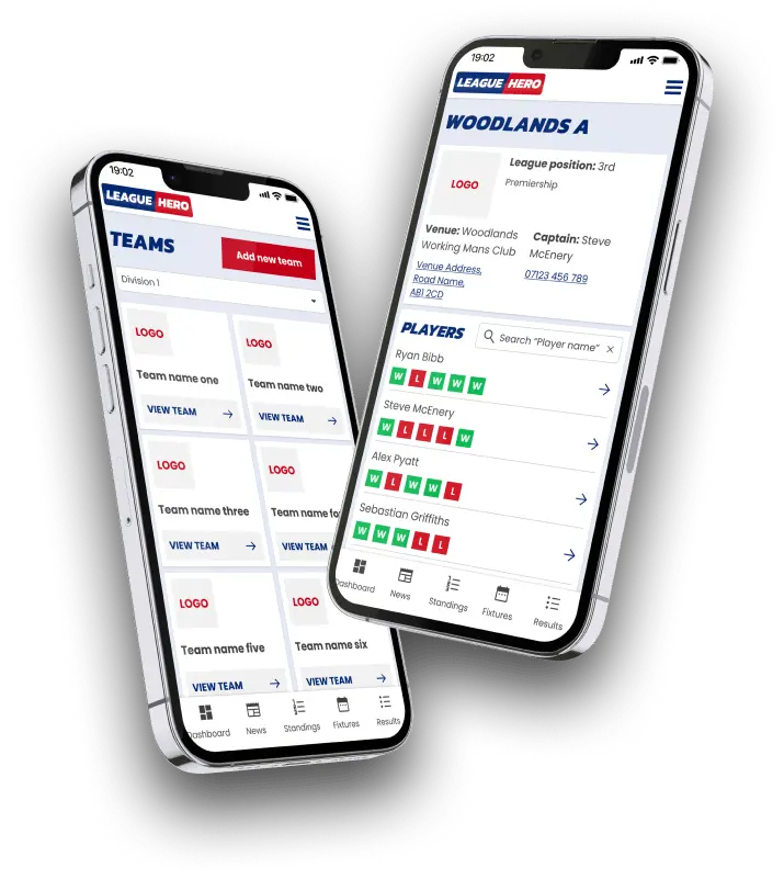 A mobile phone displaying the League Hero system showing the dashboard and league standings pages.